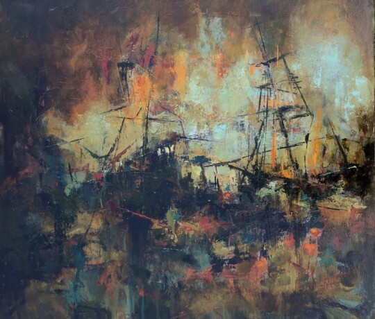 Flames on the deep, dark sea- Oil on board, 36 x 36 inches (2018) - SOLD